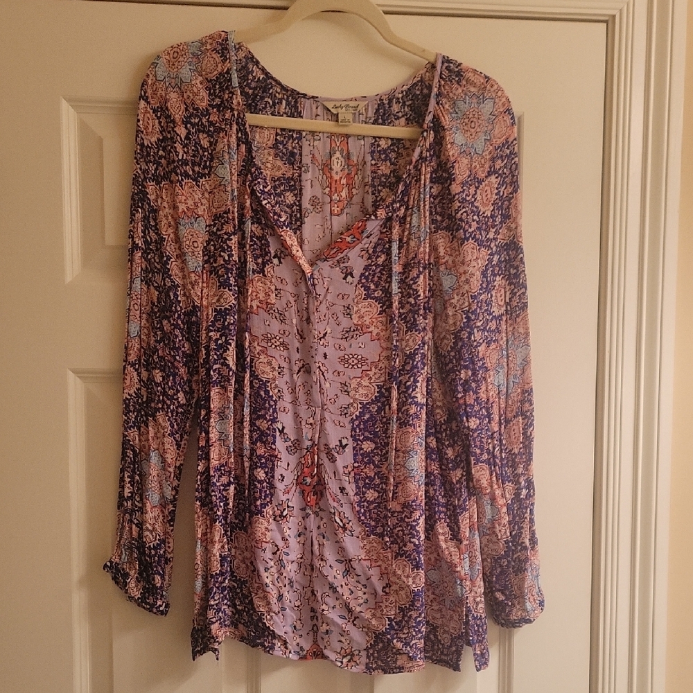 Lucky Brand Purple and Pink Bell Sleeve Blouse with Tie Front